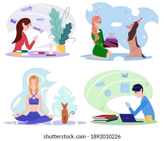 Set of people do different things. People sitting at their home, watching TV, doing exercises and yoga, relax, communicate. Work, leisure and hobby on isolation. Vector illustration 