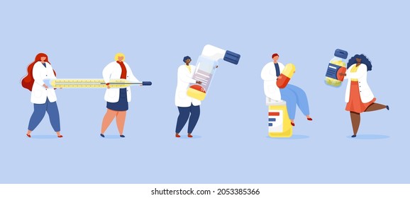 Set of people in doctor uniform with medic tools.