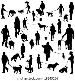 set of people with dogs