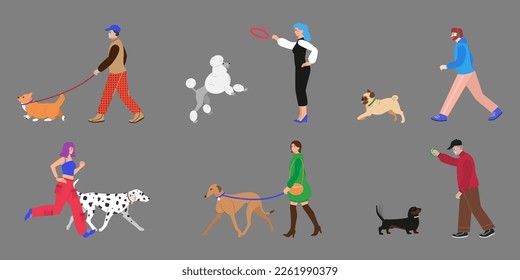 Set of people with dogs that walk, play and run poodle pug dachshund greyhound dalmatian corgi