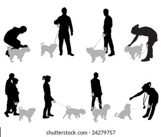 set of people with dogs vector