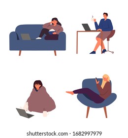 set people doing activities at home watching movies and working at home flat vector illustration.