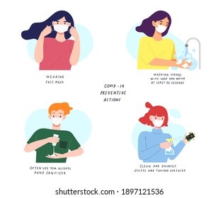 Conjunto de personas que realizan acciones preventivas COVID-19; con máscara, mano de limpieza con jabón, gel de alcohol, desinfectando superficies tocadas. Prevención de epidemias de virus. Mantente a salvo. Ilustración vectorial plana