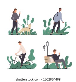 Set of People Doing Different Activities in the Outdoor Park, Walking Dog, Skateboarding, Cycling, Relaxing
