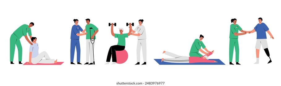 Set with people doing exercises with doctors at the physiotherapy rehabilitation clinic. Physical activities for fast recovery. Hand drawn vector illustrations, isolated on white