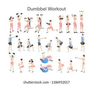 Set of people doing exercises in the gym. Fitness and healthy lifestyle. Workout with dumbbell for different groups of muscles. Isolated flat vector illustration