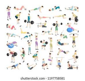 Set of people doing exercises in the gym. Fitness and healthy lifestyle. Workout with dumbbell, fitness ball and barbell for different groups of muscles. Men and women. Isolated vector illustration