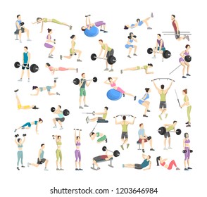 Set of people doing exercises in the gym. Fitness and healthy lifestyle. Workout with dumbbell, fitness ball and barbell for different groups of muscles. Men and women. Isolated vector illustration