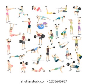 Set of people doing exercises in the gym. Fitness and healthy lifestyle. Workout with dumbbell, fitness ball and barbell for different groups of muscles. Men and women. Isolated vector illustration