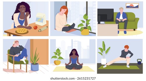 Set of people doing home activities. Happy men and women playing video games, reading books, listening to music, cook food and doing sports. Flat vector illustration collection isolated on background
