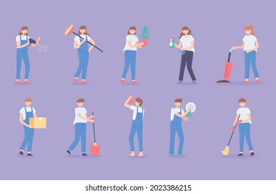 set of people doing housework cartoon
