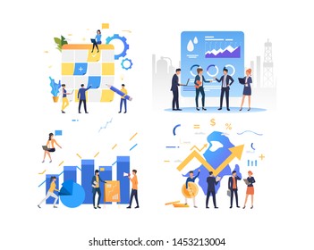 Set of people doing marketing research. Group of men and women analyzing oil trade market. Marketing concept. Vector illustration can be used for presentation slide, new project, commercial