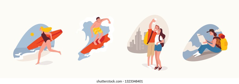 Set Of People Doing Performing Leisure Outdoor Activities In Different Poses. Surfer Rides The Waves. 