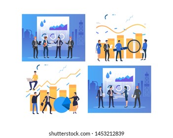 Set of people doing research. Group of men and women analyzing oil trade market. Marketing concept. Vector illustration can be used for presentation slide, new project, commercial