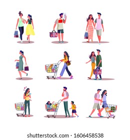 Set of people doing shopping. Flat vector illustrations of customers and cashier buying things. Shopping and consumerism concept for banner, website design or landing web page.