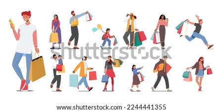 Set of People doing Shopping, Run for Sale Isolated on White Background. Excited Male Female Characters and Kids with Bags Buying Things, Purchase in Store or Supermarket. Cartoon Vector Illustration