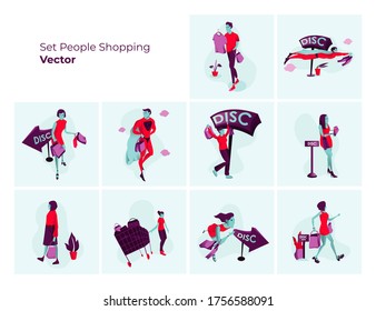 Set People doing shopping with style set on light green background 