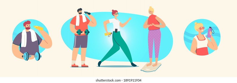 Set of People Doing Sport, Training, Exercising, Sport Activity, Male and Female Characters in Sports Wear Workout with Weight and Dumbbells, Healthy Life, Training in Gym. Cartoon Vector Illustration