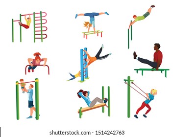 Set of people doing sport workout on street vector illustration