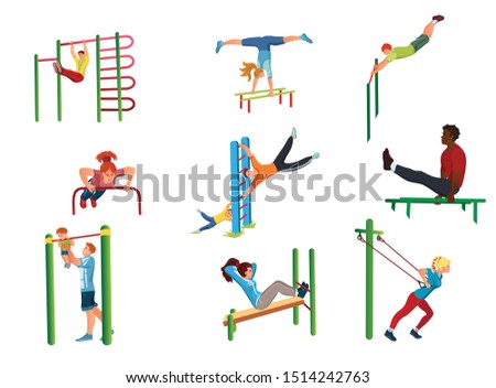 Set of people doing sport workout on street vector illustration