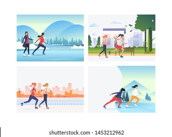 Set of people doing sports. Group of women running and roller skating. Outdoor activities concept. Vector illustration can be used for presentation slide, new project, commercial