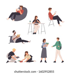 Set of People Doing Various Activities such as Walking, Chating, Reading, Studying, Using Their Phone and More