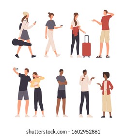 Set of People Doing Various Activities such as Walking, Chating, Reading, Studying, Using Their Phone and More