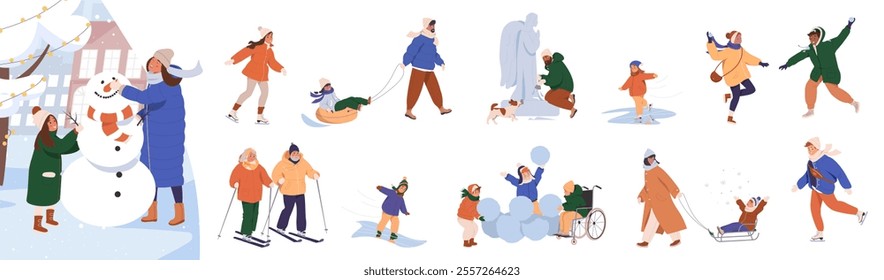 Set of people doing winter activities. Kids play snowballs, family builds snowman, couples walking, ice skating. Characters skiing, making ice sculpture in snow weather. Flat vector illustration.