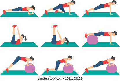 Set of people doing workout with ball. Push ups, Plank, Stretching. Fitness exercise in the gym. People with fitness ball. Healthy and active lifestyle. Isolated vector illustration - Vector