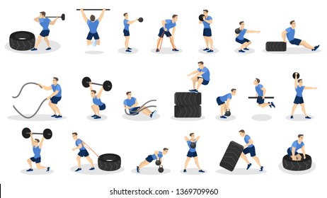 Set of people doing workout. Fitness and bodybuilding exercise in the gym. People with barbell and rope. Healthy and active lifestyle. Isolated vector illustration in cartoon style