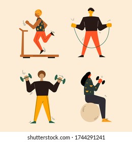 Set of people doing workouts and sports activities vector flat illustration. People doing sports. Gym workouts concept. Set of vector people working out.