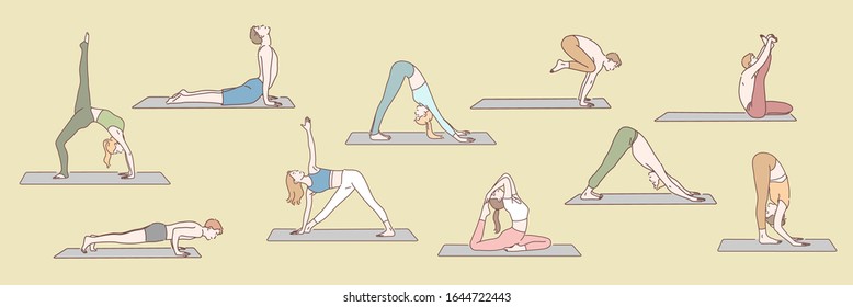 Set of people doing yoga concept. Group of young boys and girls are standing in yoga posture or asana. Men and women use different asanas to reach harmony and healthcare. Simple flat vector