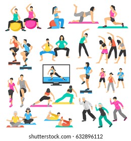 Set of people doing yoga, gymnastics, aerobics including pregnant women, seniors, instructor and group isolated vector illustration 