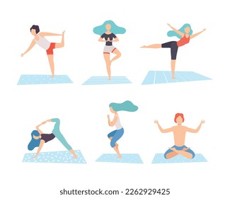 Set of people doing yoga. Men and women performing yoga poses. Healthy lifestyle flat vector illustration