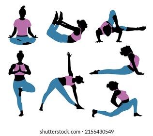 Set of people doing yoga silhouettes. Tree pose, bow pose. triangle pose, upward-facing dog pose and others.