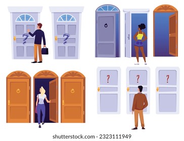 Set of people and doors flat style, vector illustration isolated on white background. Unknown, choice, design elements collection. Men and women in front of open and closed doors