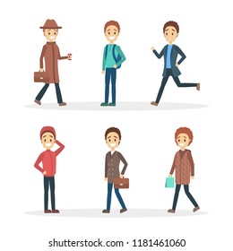 Set of people dressed in outerwear. Collection of cute male characters in warm clothes. Man in coat or jacket. Isolated flat vector illustration
