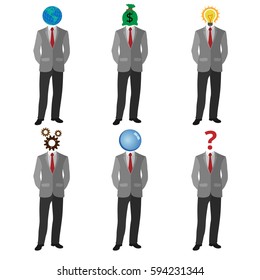 Set of people dressed in suits with the different icons instead of faces. Leadership, money, powerful business concept. Collection of vector flat design illustrations isolated on white background.