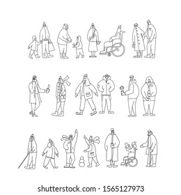 Set of people dressed in warm trendy clothes walking outdoor. Collection of different ages persons wearing in outerwear isolated on white background. Vector illustration in doodle style.