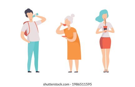 Set of People Drinking Various Drinks, Male and Female Characters with Tea, Water and Soda Drinks Flat Vector Illustration