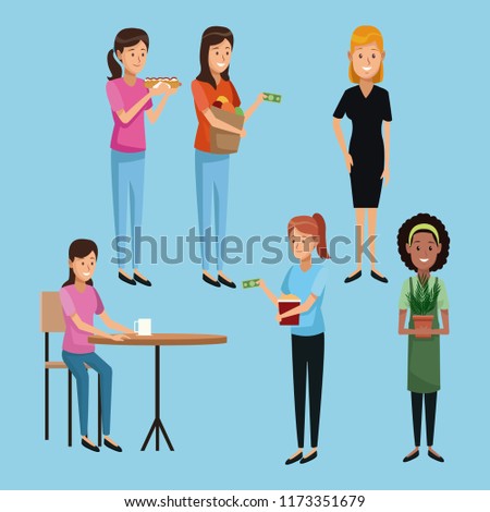Set of people drinkins and eating