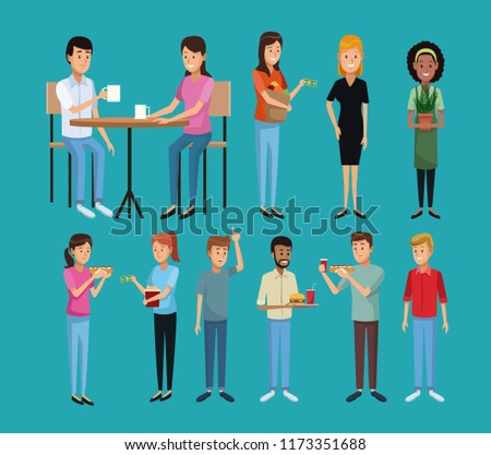 Set of people drinkins and eating