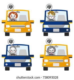 A set of people driving a car.