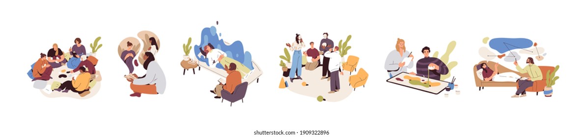Set of people during mental therapy sessions with psychotherapists or psychologists practicing different psychotherapy approaches. Flat cartoon vector graphic illustration isolated on white background