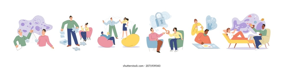 Set of people during mental therapy sessions with psychotherapists or psychologists practicing different psychotherapy approaches. Patients and psychologist. Psychotherapy support, personal problems
