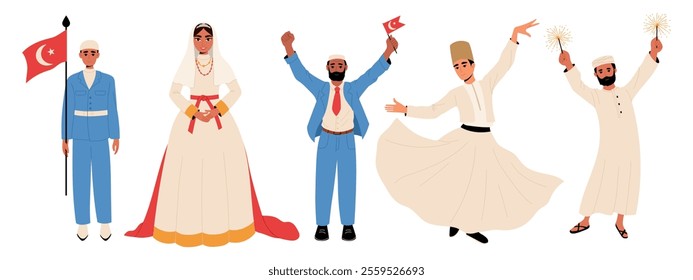 Set of people during traditional Muslim holidays. Victory Day, Muslim bride, independence day, new year, whirling dervish.