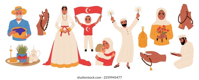 Set of people during traditional Muslim holidays. Muslim bride, New Year, Ataturk Celebration, Mother's day, women's day, Novruz festival, Ramadan Mubarak.