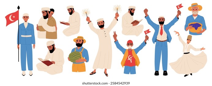 Set of people during traditional Muslim holidays. Victory Day, Independence Day, New Year, whirling dervish, watermelon and grape festival, Ramadan Mubarak celebration.