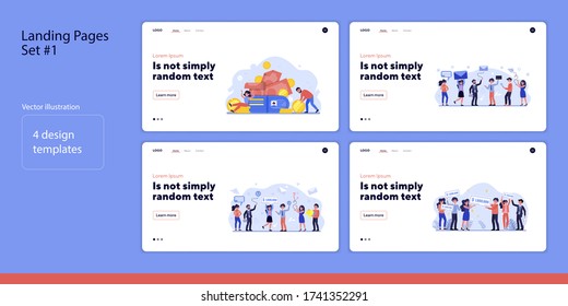 Set of people earning money. Flat vector illustrations of men and women celebrating profit. Business technology and cooperation concept for banner, website design or landing web page