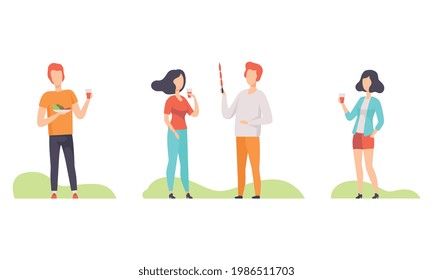 Set of People Eating Barbecue, Friends Having Picnic Outdoor Flat Vector Illustration